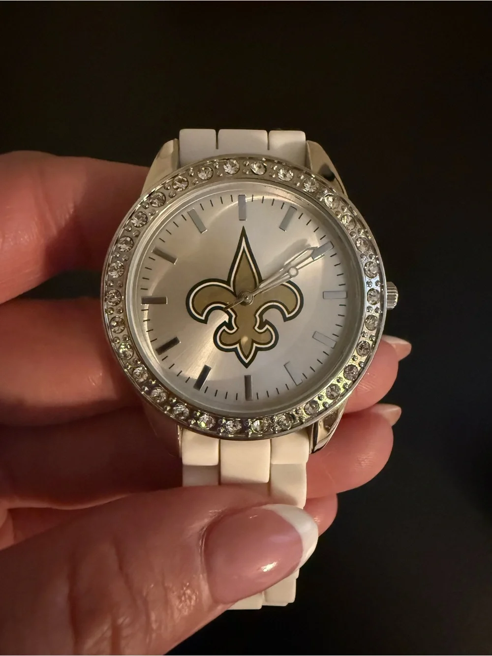 White Fleur-de-Lis Accent Watch with Rhinestone Bezel